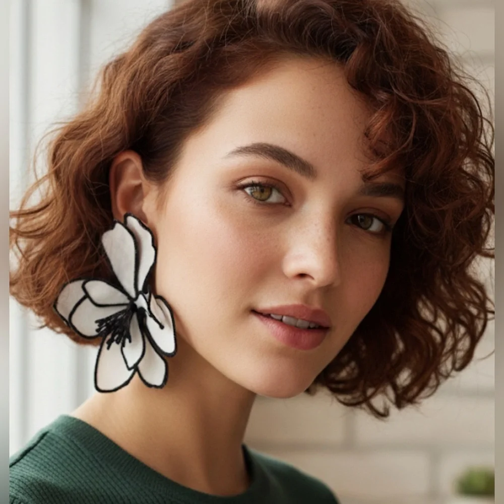 ✨NEW Elegant Black and White Floral Statement Boho Earrings